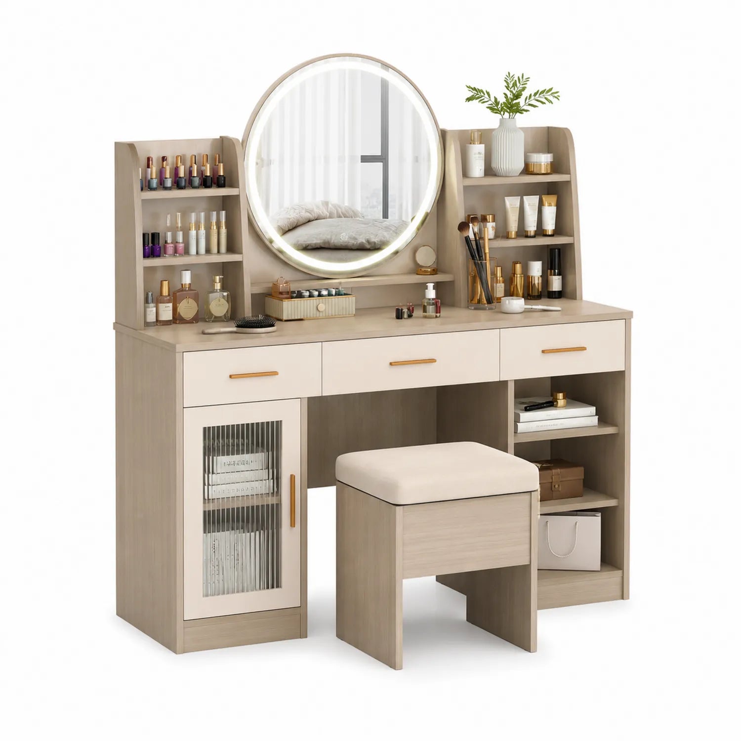 Toaletka z lustrem LED i taboretem, MDF i szkło hartowane, 120x40x75 cm