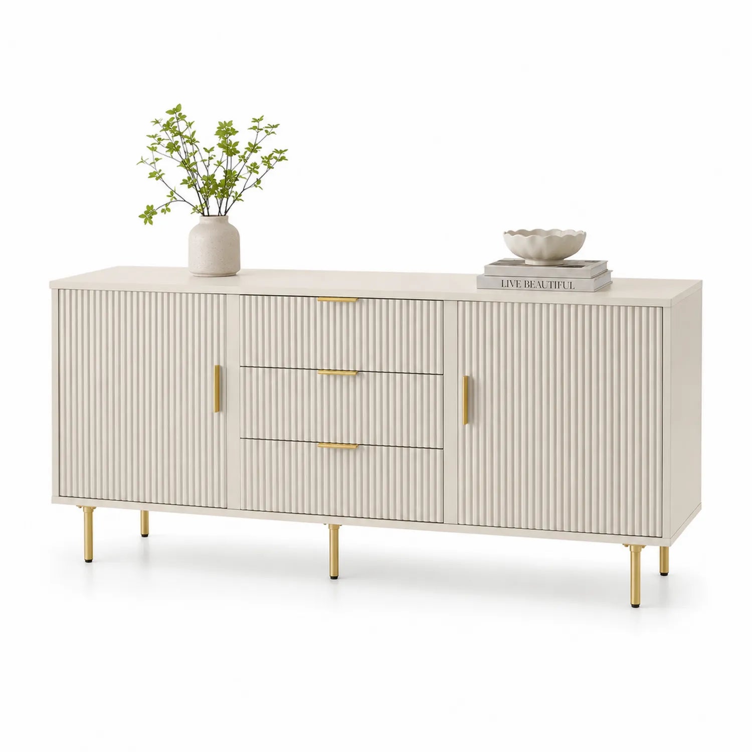 Komoda z MDF i metalowymi nogami w kolorze beżowym