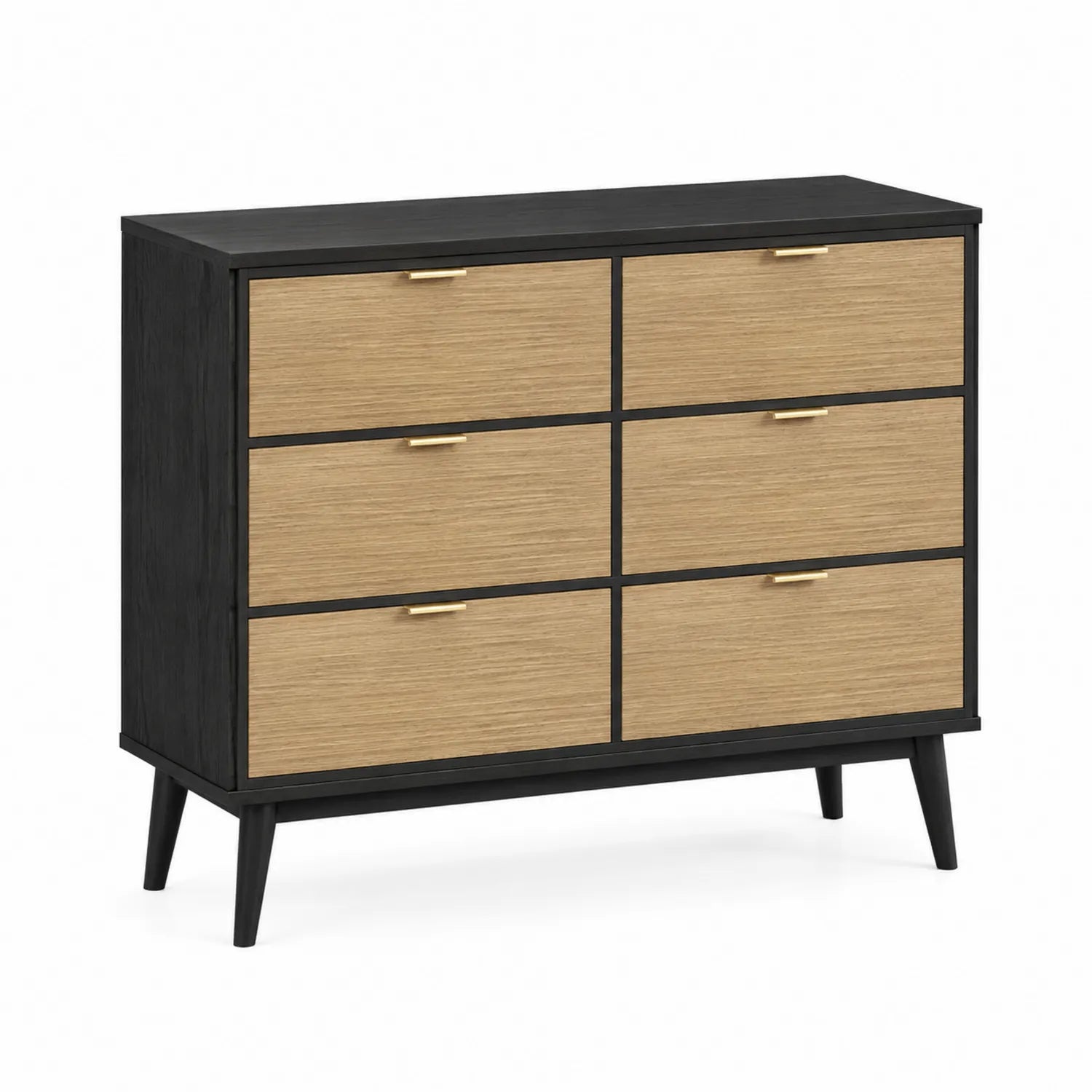Komoda MDF z fornirem dębowym i metalowymi uchwytami, 6 szuflad