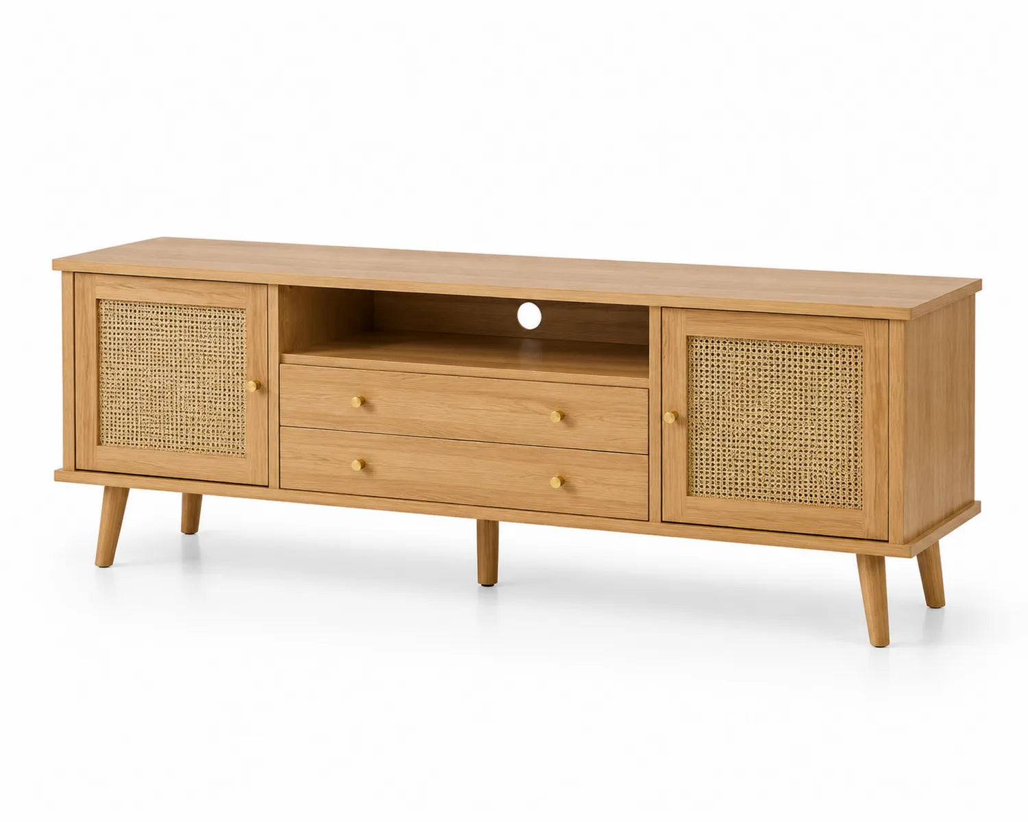 Szafka RTV z drewna dębowego i rattanu, 150x40x50 cm